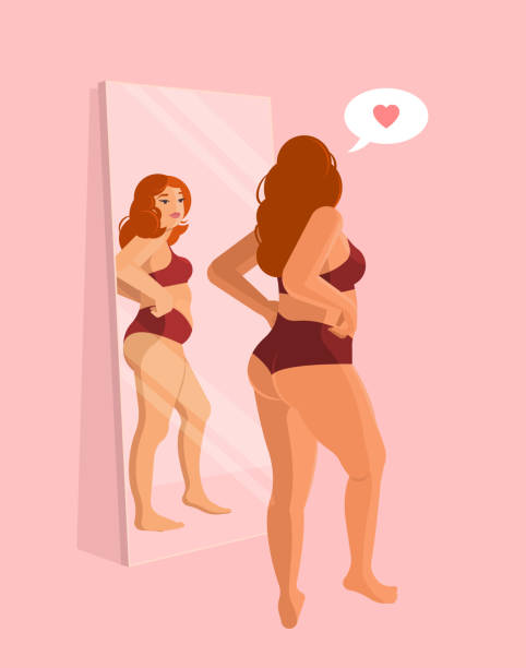 A beautiful plump woman in lingerie looks at her reflection in the mirror A beautiful plump woman in lingerie looks at her reflection in the mirror. A bubble with a heart shows how she loves herself. Pink background. Vector flat illustration. positive body image stock illustrations