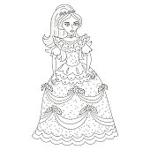 Beautiful princess, cute princess in shining dress with spangles, vector illustration, coloring book page for children