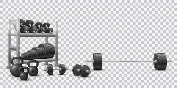 Beautiful realistic fitness vector of an  barbell, black loadable dumbbels, a set of kettlebells and a storage shelf full of black weight barbell plates on transparent background.
