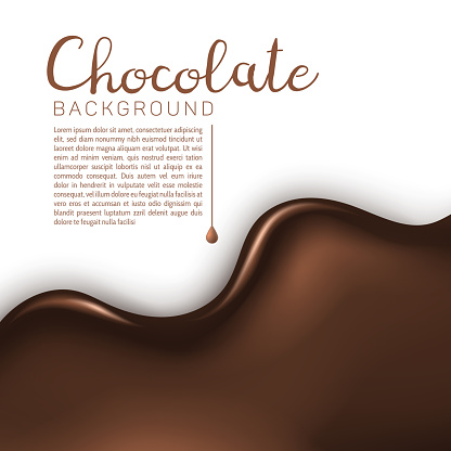 Beautiful, realistic glossy chocolate flow with splash and drops on white background