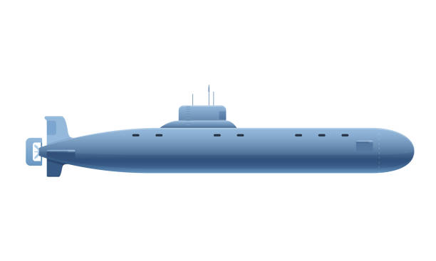 Beautiful realistic metallic submarine. Warship, underwater vehicle, side view. Beautiful realistic isolated metallic submarine. Warship, model of an armadillo, underwater vehicle, side view. Transportation of people and military weapons. Vector illustration isolated. torpedo weapon stock illustrations