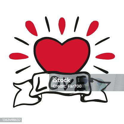 istock Beautiful red heart and ribbon with the word Love. Colored outline silhouette. Hand drawn vector flat graphic illustration. Isolated object on a white background. Isolate. 1363498632