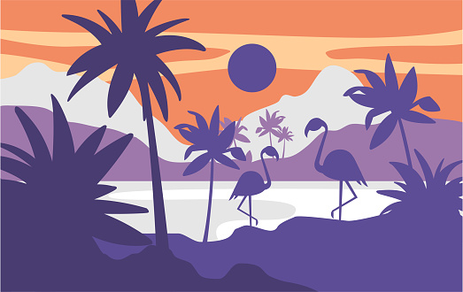 Beautiful scene of nature, peaceful tropical landscape with lake and flamingos at evening time, template for banner, poster, magazine, cover horizontal vector Illustration
