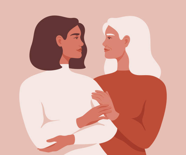 Beautiful senior mother and her adult daughter are embracing and looking at each other in the face. Beautiful senior mother and her adult daughter are embracing and looking at each other in the face. The concept of motherhood, friendship, care and love. two women stock illustrations