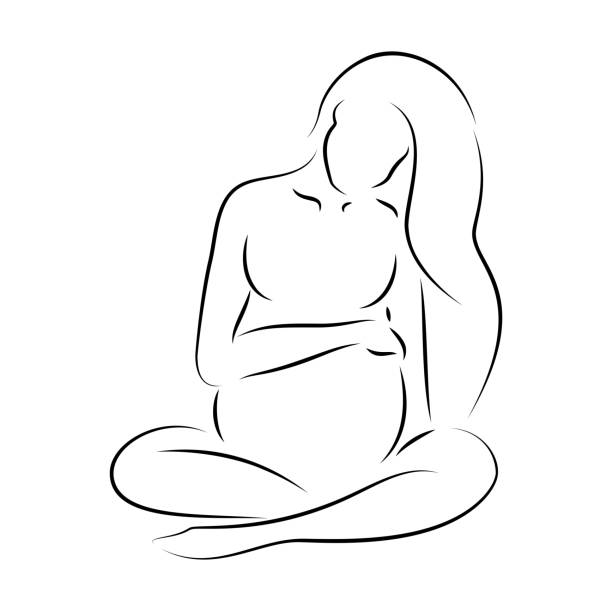 Beautiful silhouette of pregnant woman Beautiful silhouette of pregnant woman holding her belly, sitting on the ground. Pregnancy vector line art logo on white pregnant drawings stock illustrations