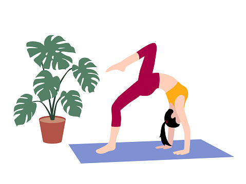 Beautiful simple flat vector of a young slim woman exercising yoga. Bridge pose.