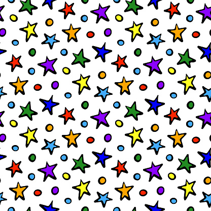 Beautiful small bright colorful multicolored ink stars and balloons isolated on white background. Cute starry seamless pattern. Vector simple flat graphic hand drawn illustration. Texture.