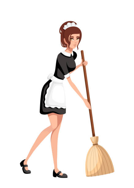 Beautiful smiling maid in classic french outfit. Cartoon character design. Women with brown short hair. Maid holding broom. Flat vector illustration isolated on white background Beautiful smiling maid in classic french outfit. Cartoon character design. Women with brown short hair. Maid holding broom. Flat vector illustration isolated on white background. french maid outfit stock illustrations