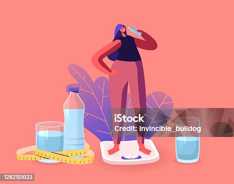 istock Beautiful Sportswoman Character on Diet Stand on Scales Drinking Water from Bottle Refreshing after Fitness Activity 1282151023