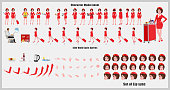 Beautiful Stewardess Character Design Model Sheet with walk cycle animation. Air hostess Girl Character design. Front, side, back view and explainer animation poses. Character set with various views with lip syncing, poses,gestures and Girl Character turnaround.