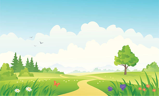 A beautiful summer cartoon landscape image vector art illustration
