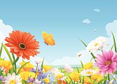 Illustration of meadow full of beautiful flowers, bees and butterflies in spring or summer. In the background is a landscape with hills and a bright blue sky with clouds. Vector illustration with space for text. EPS 10, grouped and labeled in layers.