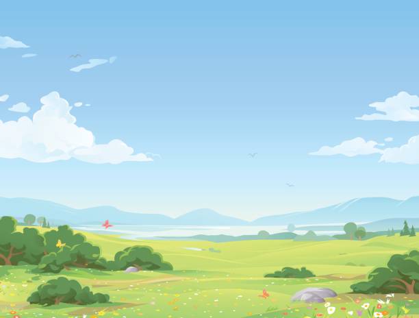 Beautiful Summer Landscape Illustration of a beautiful idyllic landscape with flowers, hills, bushes, trees, a lake and mountains in the far distance, and a blue, cloudy sky with space for text. meadow stock illustrations