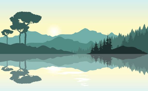 Beautiful sunrise at the mountains. Green landscape reflected at the lake. Nature background. Vector illustration. river silhouettes stock illustrations