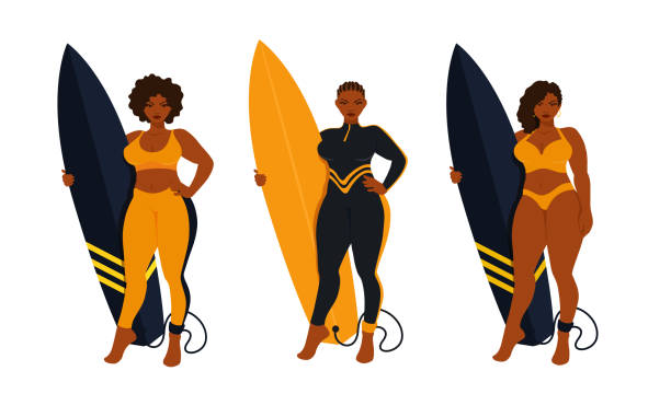 Beautiful surfer curvy women holding a surfboard, wearing a full black wetsuit. A surf board with a surfing leash. A vector cartoon illustration. cartoon of fat lady in swimsuit stock illustrations