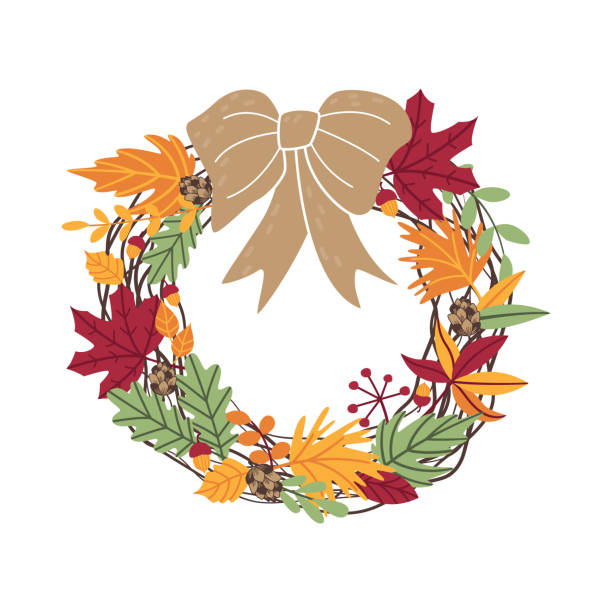 Beautiful traditional autumn wreath of fallen leaves, berries, twigs, acorns and cones. Decorated with a large bow. Handmade decor for home and yard. Banner design element for Thanksgiving, Halloween.  thanksgiving diner stock illustrations