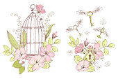Beautiful vector compositions, wild flowers, keys, cage. Freedom symbol. Compositions for wedding decor, spring pastel color decorations.