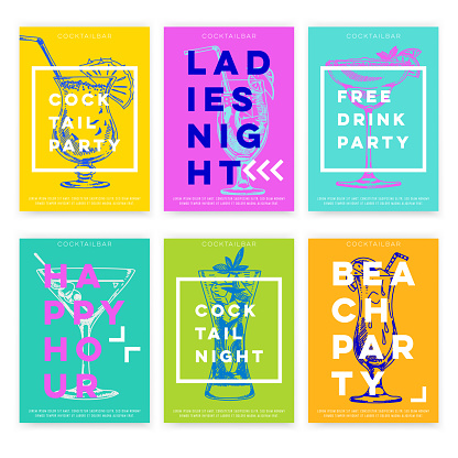 Beautiful vector hand drawn coctail bar card set. Detailed trendy style images. Modern sketch elements collection for packaging or cards design.