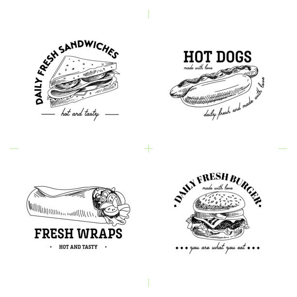 Beautiful vector hand drawn fast fod illustrations. Beautiful vector hand drawn fast fod illustrations. Detailed retro style labels. Vintage sketches for logos. Elements collection for design. sandwich drawings stock illustrations