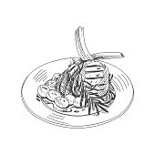 Beautiful vector hand drawn restaurant stuff Illustration. Detailed retro style lamb with potatoes on a platter image. Vintage sketch element for labels, packaging and cards design.