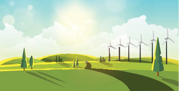 bildbanksillustrationer, clip art samt tecknat material och ikoner med vackra vektor landskap med eco windturbines. - wind turbine sunset