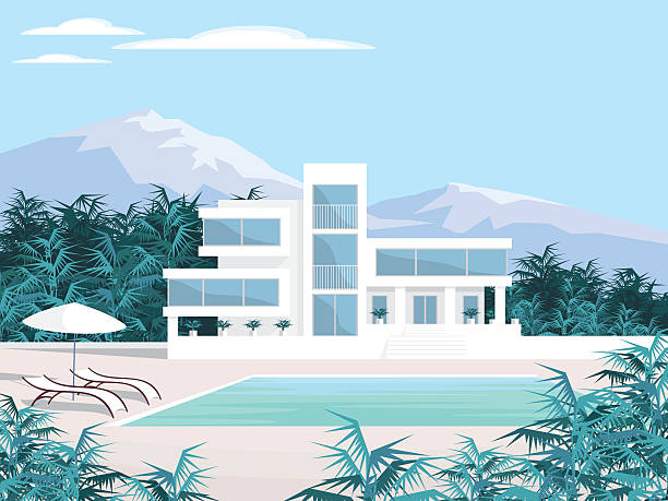 beautiful Villa in the mountains Abstract image of a large, beautiful country house. Luxury Villa in the mountains surrounded by tropical plants. Vector background. airbnb stock illustrations