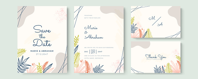 Beautiful wedding invitation template with hand drawn floral and leaves