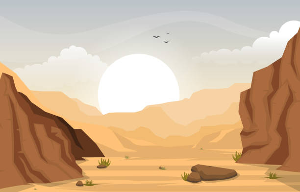 ilustraciones, imágenes clip art, dibujos animados e iconos de stock de hermoso paisaje del desierto occidental con sky rock cliff mountain vector illustration - desert
