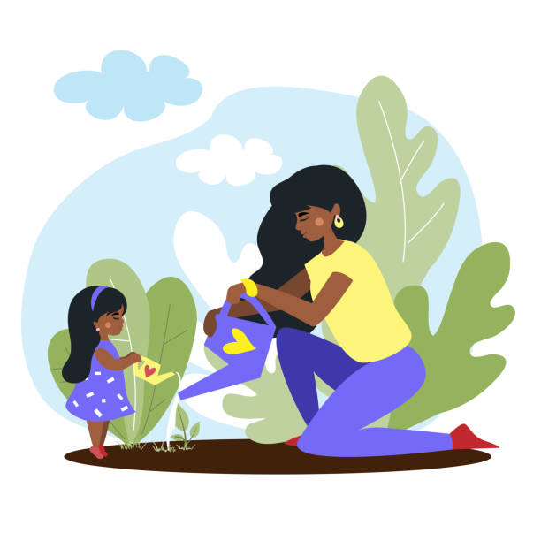 Beautiful woman afro american with daughter watering indoor flowers. The concept of coronavirus, quarantine. Vector illustration flat style. Mother's Day card  african american mothers day stock illustrations