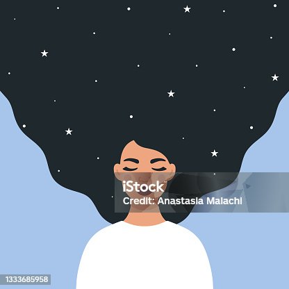 istock Beautiful woman character with stars in her hair. Imagination, dreaming or harmony concept. Flat style vector illustration. 1333685958