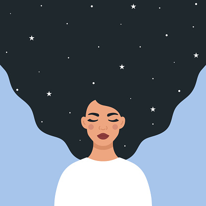 Beautiful woman character with stars in her hair. Imagination, dreaming or harmony concept. Flat style vector illustration.