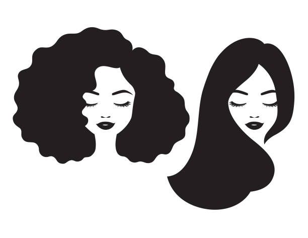 Beautiful Woman Face and Hair Silhouette Vector Illustration Beautiful woman and black African American woman face with afro and long straight hair vector illustration. sleeping silhouettes stock illustrations