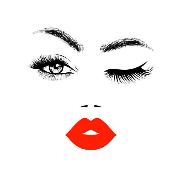 Beautiful woman face with red lips, eyebrows and lush eyelashes, one open eye and other closed, Beauty Logo. Vector illustration. Beautiful woman face with red lips, eyebrows and lush eyelashes, one open eye and other closed, Beauty Logo. Vector illustration. beautiful woman stock illustrations