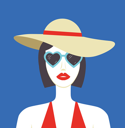 Beautiful woman in hat and sunglasses on blue background. Girl with red lips summer illustration. - Vector