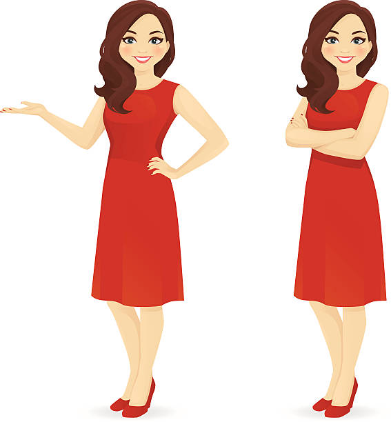 Beautiful woman in red dress Beautiful woman in red dress standing in different poses isolated beautiful people stock illustrations