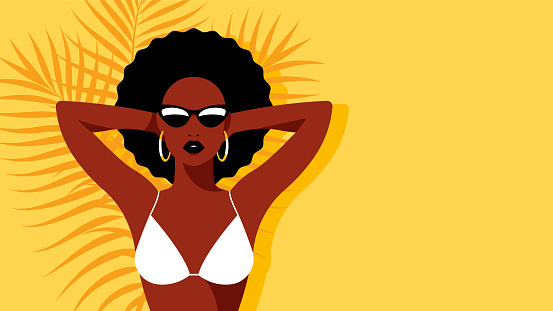Beautiful woman in the bikini and sunglasses. Sexy model posing with hands raised. Slim body. Concept of summertime,  sunbathing, relaxing on the beach. Modern illustration.
