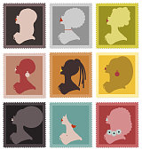 9 Beautiful Woman Portraits Profile Silhouette Postage Stamp Icon Set - Diversity - Easy to Change Color