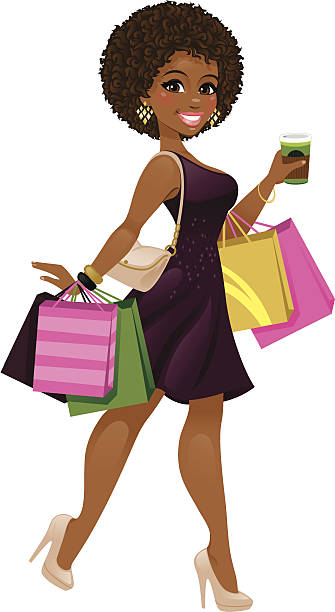 Beautiful Woman with Afro A beautiful black woman shopping and looking beautiful with a hot beverage in hand. Bags and purse are removable in Ai. heyheydesigns stock illustrations