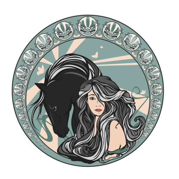beautiful woman with long hair and horse art nouveau vector design beautiful young woman with long gorgeous hair and horse inside round medallion - art nouveau style beauty portrait vector design horse borders stock illustrations