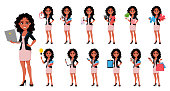 Beautiful young African American business woman in fashionable clothes, set of thirteen poses. Cute businesswoman cartoon character. Vector illustration.