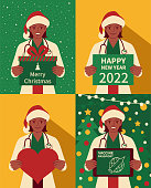 Christmas Characters Vector Art Illustration.
Beautiful young female doctor dressed in a Santa Claus suit holding a Christmas present and New Year greeting card and heart shape sign and digital tablet.