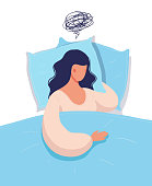 Beautiful young woman lies in bed and thinks. Concept illustration of depression, insomnia, frustration, loneliness, problems. Flat vector cartoon illustration
