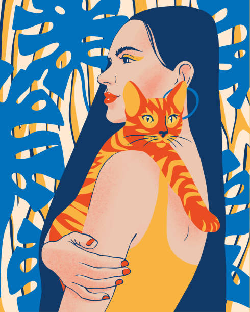 ilustrações de stock, clip art, desenhos animados e ícones de beautiful young woman portrait holding a cat. pet owner. - friends color background