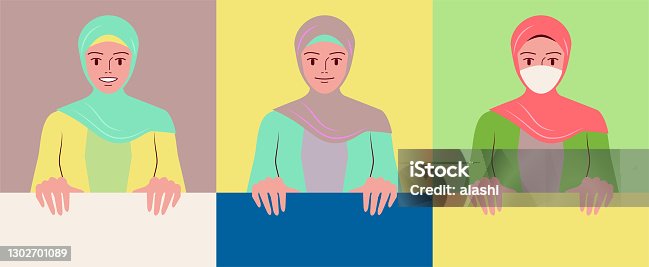 istock Beautiful young woman with hijab holding a blank sign 1302701089