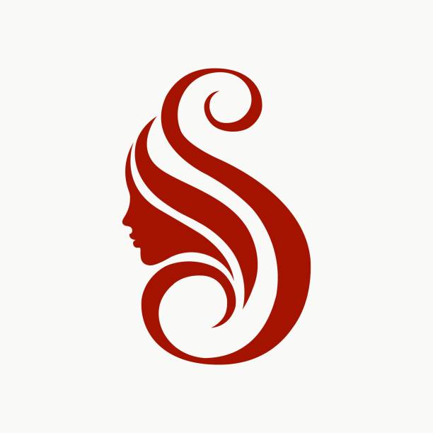 Beauty and hair salon vector logo with woman face and letter S Decorative lettering icon with long hair female portrait silhouette beauty spa stock illustrations