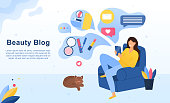 Beauty Blog concept with young woman relaxing in a chair with her mobile surrounded by beauty icons with copyspace for text, colored vector illustration