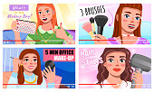 Set of images with beauty bloggers. Girl shows what is in her makeup bag, girl talks about cosmetic brushes, blogger does makeup in 5 minutes, female with hairdryer. Video broadcast, stream, broadcast