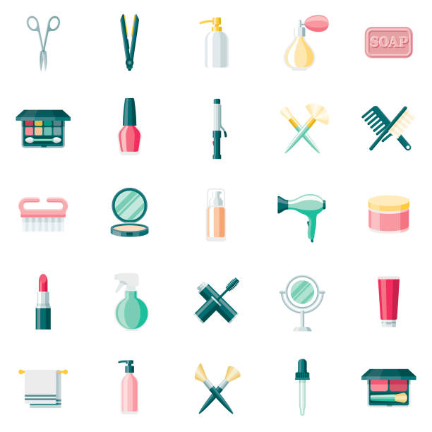 Beauty & Cosmetics Flat Design Icon Set A set of 25 cosmetics and beauty flat design icons on a transparent background. File is built in the CMYK color space for optimal printing. Color swatches are Global for quick and easy color changes. nail polish bottle stock illustrations