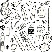 A doodle page of beauty supplies and makeup.