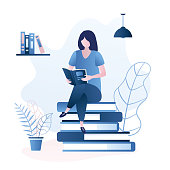 Beauty girl sitting on pile of books,female character reading book or magazine,education or learning concept,trendy style vector illustration